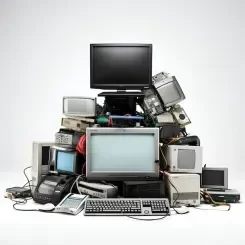 Pile of discarded electronic devices and monitors