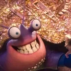 Grinning purple crab with glittering shell and girl