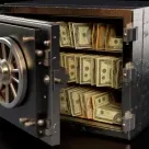 Open safe filled with stacks of cash