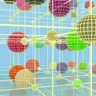 Colorful 3D spheres within wireframe grid